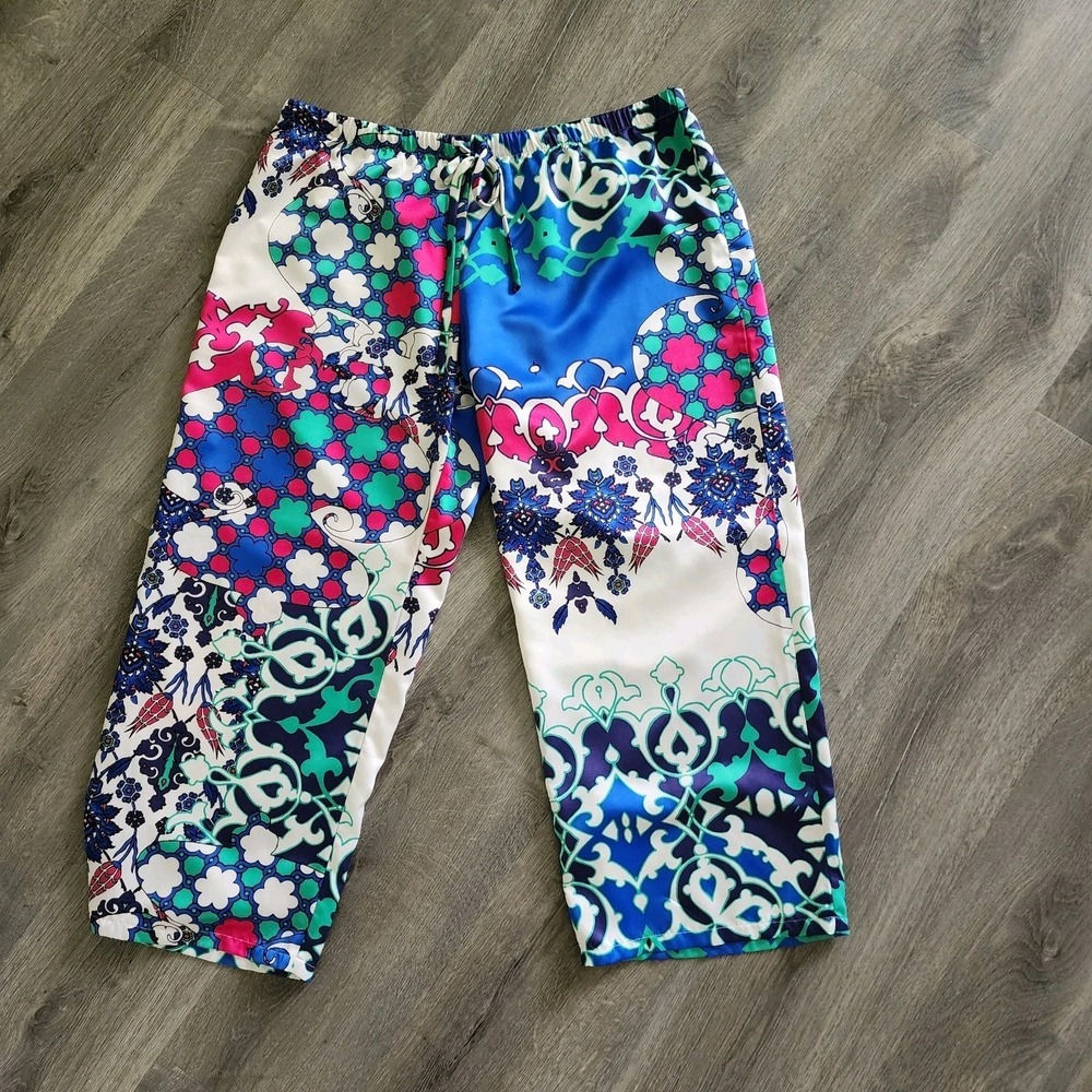 Natori Satin Pajama Set L Blue Pink Morrocan Tile Kimono Top Lounge Pants Resort - Picture 10 of 16